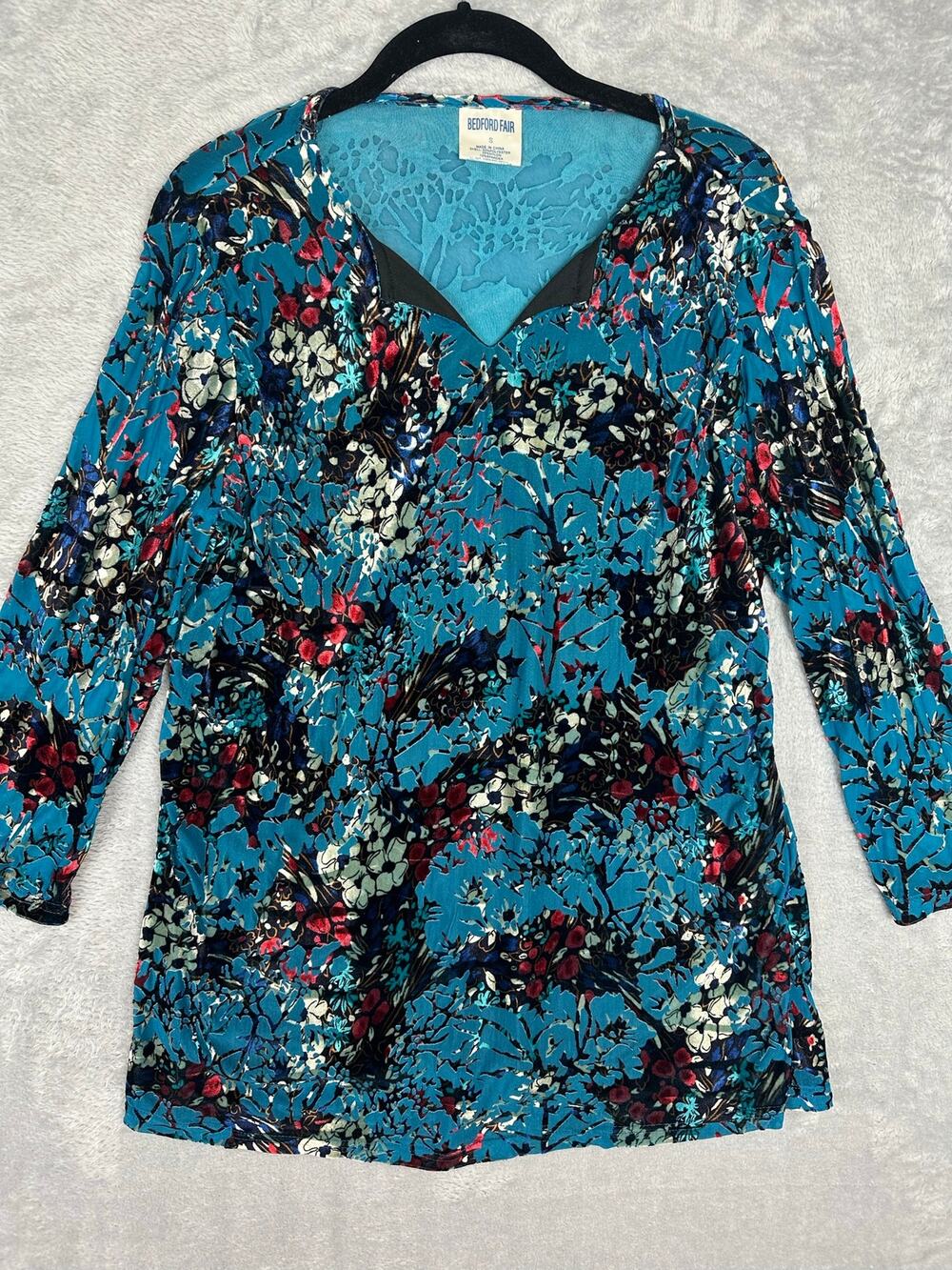 VTG Y2K Bedford Fair Blue Velvet Burnout Floral Tunic Top Small Fairycore Whimsi